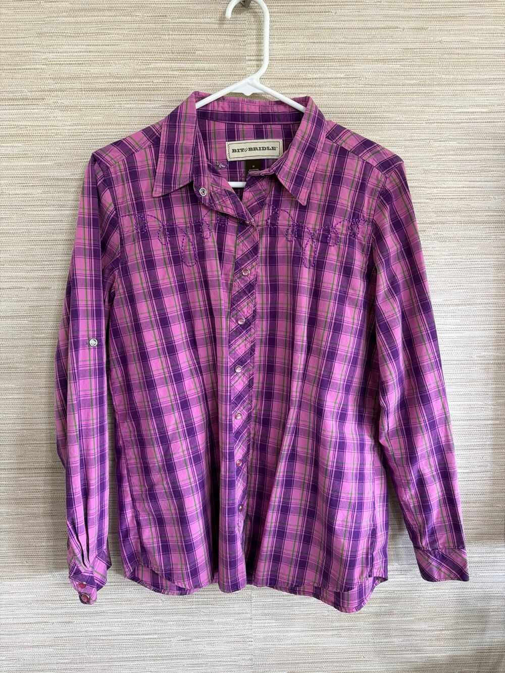 Bit & Bridle Women's plaid pearl snap button up size M